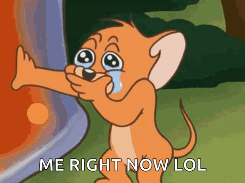 Jerry from Tom and Jerry cries happily while hugging a vertical surface, captioned “ME RIGHT NOW LOL.”