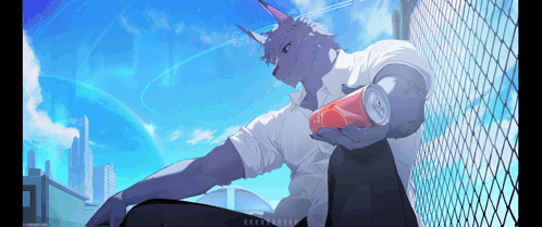 a furry anime character is holding a can of soda in his hand .