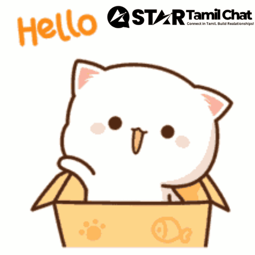 A white cartoon cat holds a yellow sign and says “Hello.”