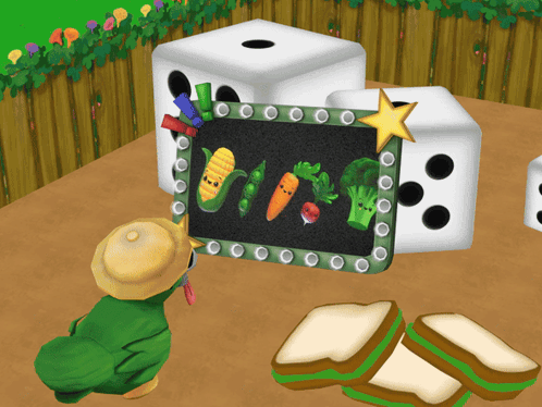 a cartoon character is looking at a display of vegetables