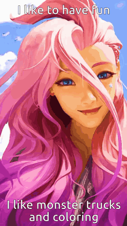 A pink-haired illustrated woman is captioned “I like to have fun” and “I like monster trucks and partying.”