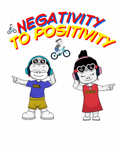 a cartoon drawing of a boy and a girl with the words negativity to positivity above them