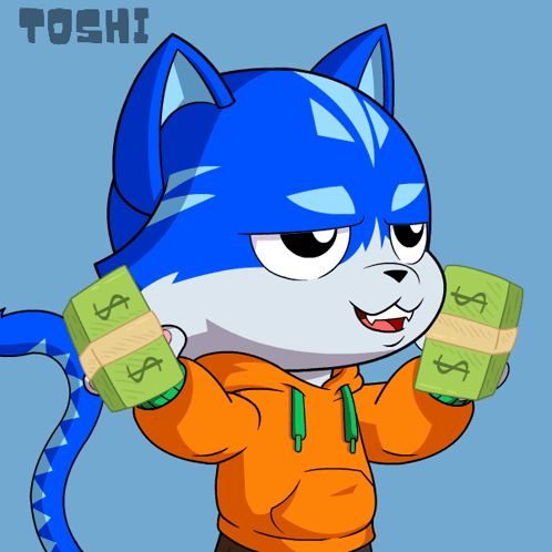 a cartoon drawing of a blue cat holding a bunch of money with the word toshi above him