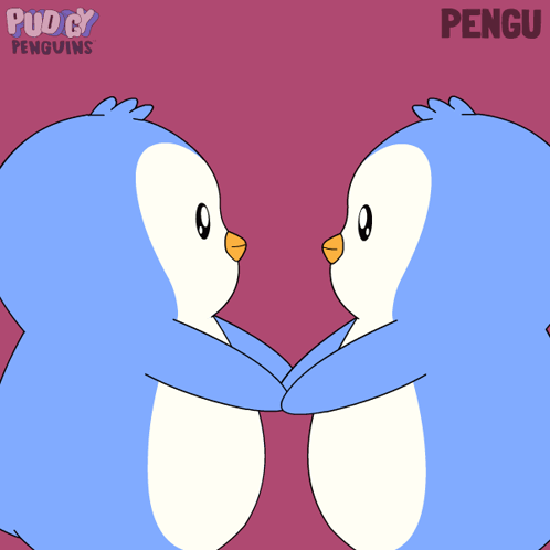 Two blue penguins face each other while holding hands.