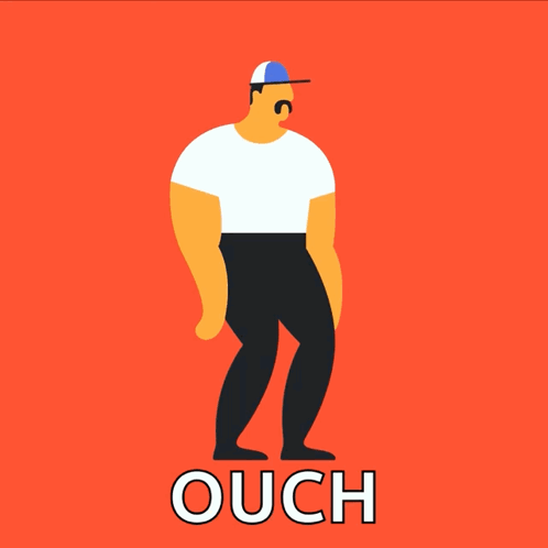 A stylized man appears to melt against a bright orange background with “OUCH” text.