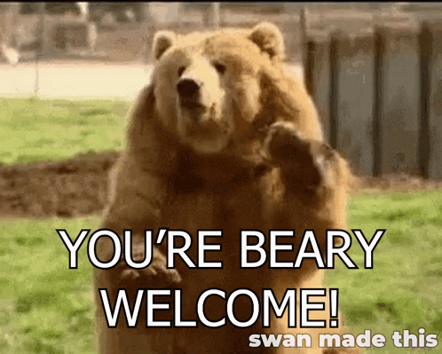 A large bear cuddles a smaller bear under the pun “YOU’RE BEARY WELCOME!”