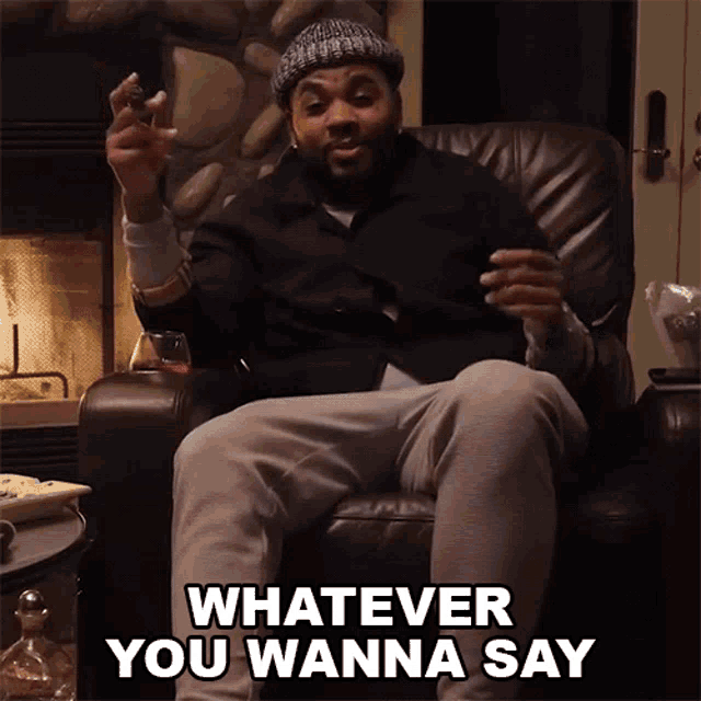 a man is sitting in a chair with the words whatever you wanna say on the bottom