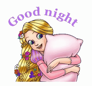 Rapunzel hugs a pink pillow beneath lavender “Good night” text.