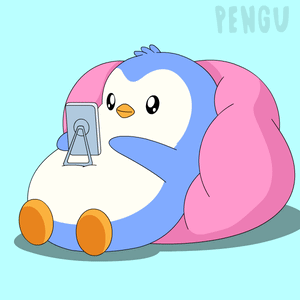 A blue penguin sits in a pink beanbag and looks at a phone.