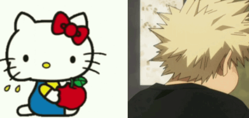 a hello kitty holding an apple next to a drawing of a man