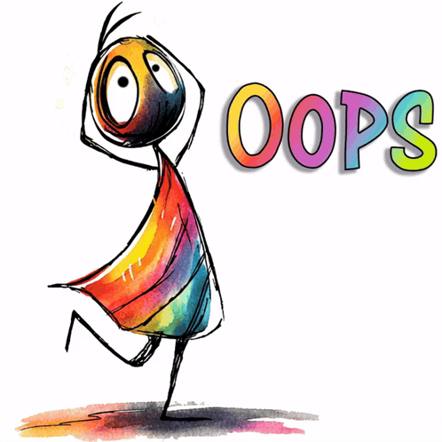 A colorful hand-drawn birdlike character runs beside the word “OOPS.”
