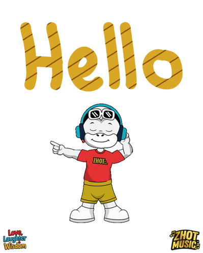 A cartoon child waves beneath large yellow “Hello” lettering.