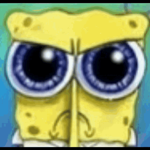 SpongeBob stares ahead with huge watery eyes and a worried face.