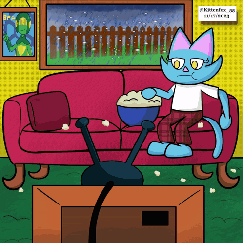 A blue cat relaxes on a pink sofa with popcorn and a TV remote.