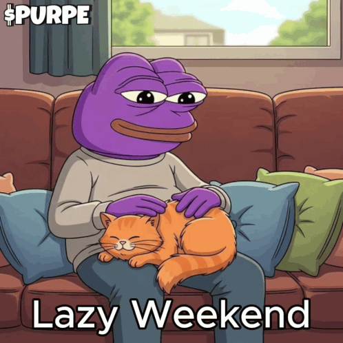 a purple frog is sitting on a couch with an orange cat and the words lazy weekend below him