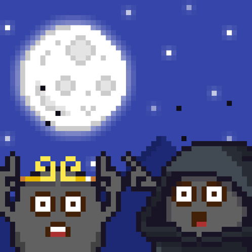a pixel art drawing of a man and a woman with the moon in the background