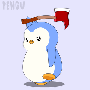 A blue penguin walks carrying a red axe over its shoulder.
