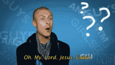 a man says oh my lord jesus gawd in front of a blue background