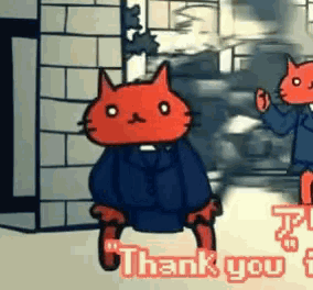 a red cat in a suit says thank you in a cartoon