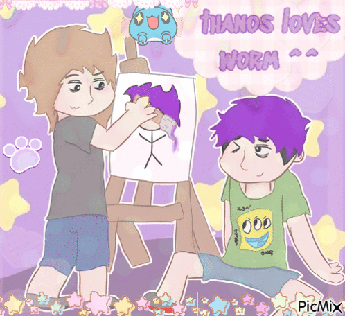 a drawing of a boy painting another boy with the words thanos loves worm