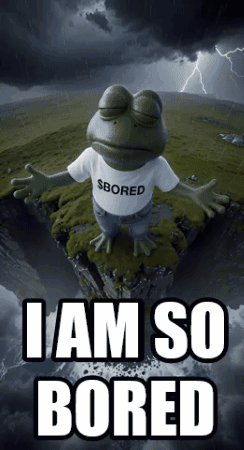 Pepe the Frog sits alone under storm clouds wearing an “I'M BORED” shirt.