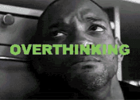 a black and white photo of a man with the words overthinking written in green