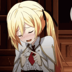 Blonde anime girl blushes and looks down nervously.