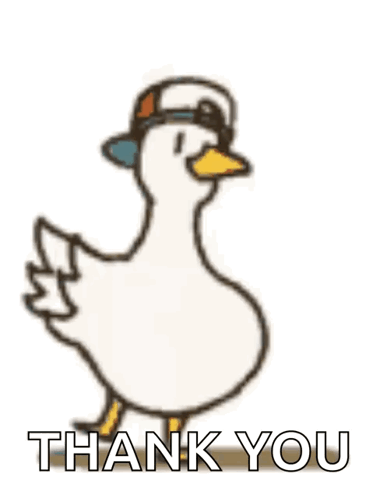 A white cartoon duck wearing a cap stands above “THANK YOU.”