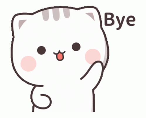 A white sticker cat waves from a clean white background beside “Bye”.
