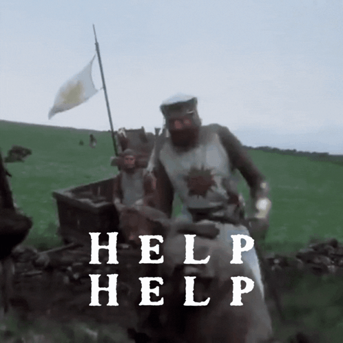 a man in a knight 's armor stands in a field with the words help help written on the bottom