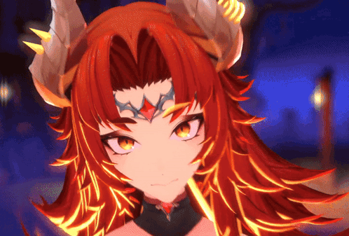 a close up of a character with red hair and horns
