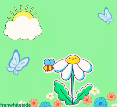 A cheerful cartoon flower, bee, and butterflies appear in a sunny meadow.