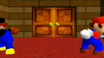 Two Super Mario-style characters face each other with hands raised in a blocky game scene.