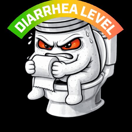 a cartoon illustration of a toilet holding a roll of toilet paper with the words diarrhea level above it