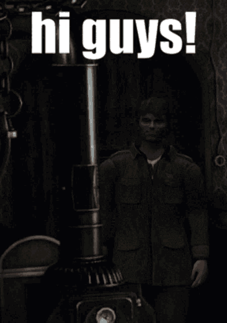 a man standing next to a chimney with the words hi guys