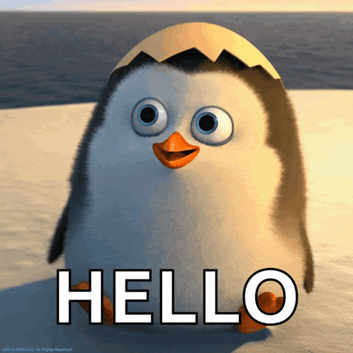 A baby penguin smiles under a large “HELLO.”
