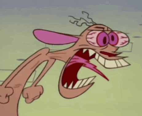 Ren Höek screams wildly with clenched teeth and bulging eyes.
