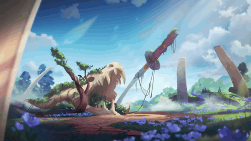 a painting of a skeleton and a sword in a field of flowers