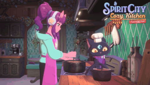 a poster for spirit city cozy kitchen shows a girl and a cat preparing food