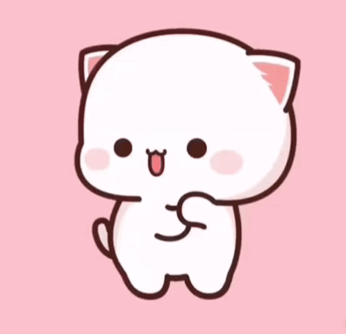 A white cartoon cat dances excitedly on a pink background.