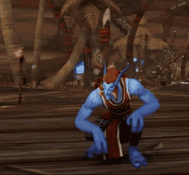 A blue World of Warcraft troll dances inside a wooden hall.