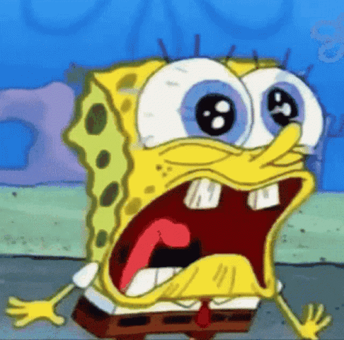 SpongeBob screams with enormous frightened eyes.