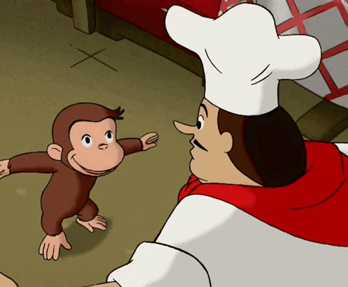 a cartoon monkey is standing next to a chef wearing a chef 's hat