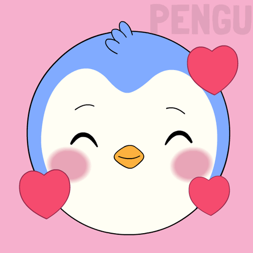 A smiling blue penguin is framed by red hearts on a pink background.