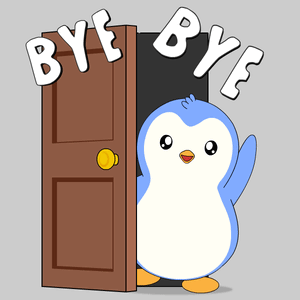A blue penguin peeks from behind a door below “BYE BYE.”