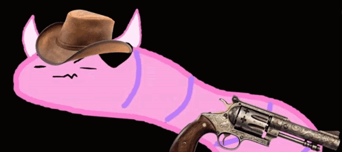 a pink worm wearing a cowboy hat and a gun