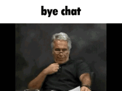 a man with glasses is sitting at a table with the words bye chat written above him