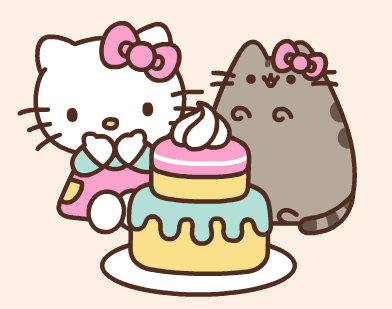 a drawing of hello kitty pusheen and a cake with whipped cream