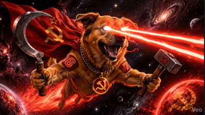 a painting of a dog with a hammer and a sickle with the number 6 on it