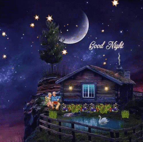 A moonlit cottage garden scene carries a small “Good Night” greeting.